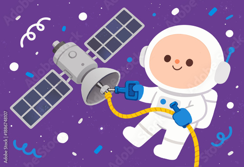 cute cartoon astronaut floating in space with satellite on a starry purple background