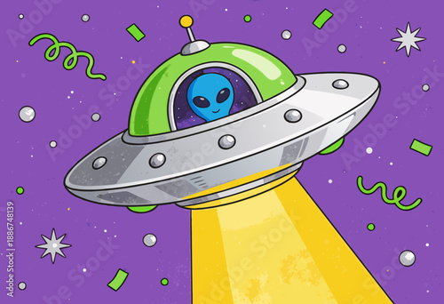 colorful cartoon alien in spaceship shining light in space with stars and confetti