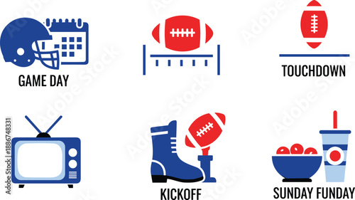 American football game day kickoff touchdown and sunday funday elements vector set