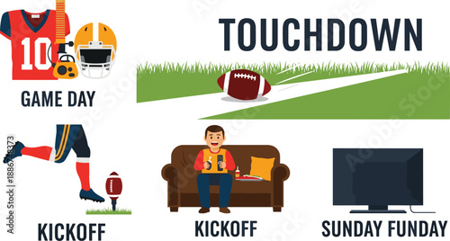 American football game day kickoff touchdown sunday funday vector illustration