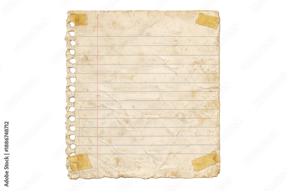 Fototapeta premium Vintage lined paper sheet with grunge texture and spiral notebook holes, taped corners, transparent background