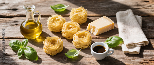 Italian rustic table flatlay featuring fresh pasta nests, olive oil bottle, basil leaves, parmesan wedge, linen napkin, espresso cup on weathered wood, sunlit countryside styling