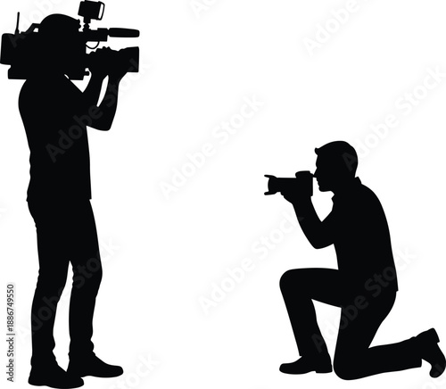 Cameraman filming photographer silhouette, professional media crew recording photography and videography scene isolated on white background studio creative journalism concept