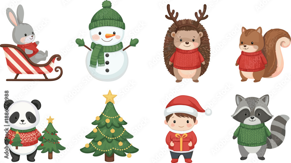 Fototapeta premium Cute winter animal and kid character vector set with Christmas holiday elements and festive outfits isolated