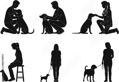 Set of black silhouettes featuring people interacting with dogs, including a veterinarian and pet owners.