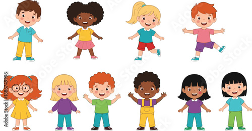Cute diverse kids cartoon character vector set with happy children poses and playful expressions isolated