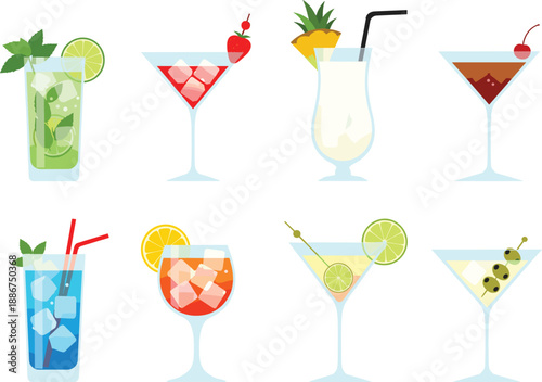 Summer cocktail icon set featuring mojito martini margarita pina colada and tropical fruit drinks with ice and garnishes.