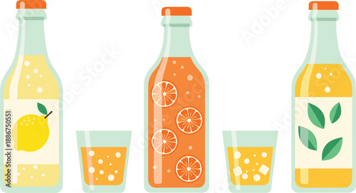 Fresh bottled lemonade set with orange juice citrus slices glass bottles and refreshing drinks for summer wellness branding