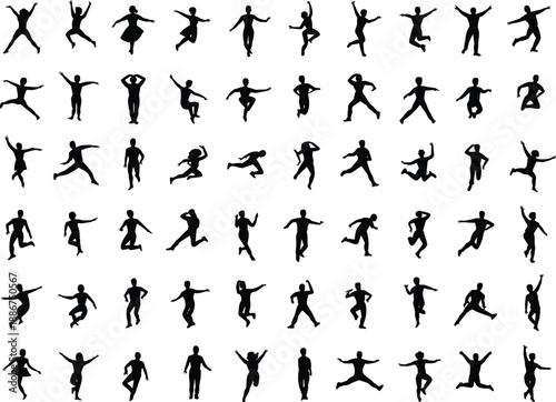 Collection of Dynamic Human Silhouettes Showing Jumping Running Dancing and Active Poses Representing Energy Motion Fitness and Creative Movement Concepts