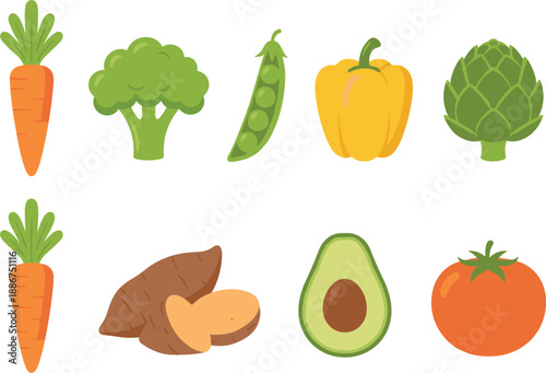Fresh vegetable icon set with carrots broccoli peas bell pepper artichoke sweet potato avocado and organic tomato.