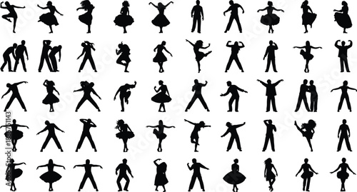 Dancing people silhouettes collection, men women performers in motion poses, ballet hip hop styles, black vector illustration isolated white background