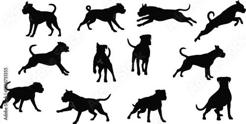 Dog silhouettes collection showing running jumping standing canine poses, active pet movements, black vector illustration isolated white background design