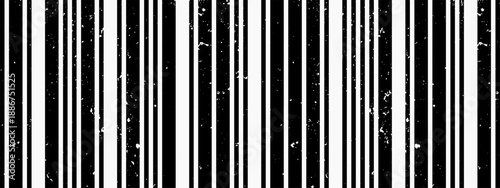 Distressed barcode seamless pattern. Black and white vertical lines with rough texture and faded areas. Grunge geometric background with analog noise.