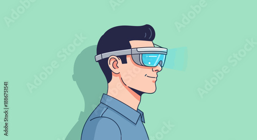 Young man using AR glasses for a futuristic virtual experience.