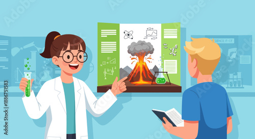 Children presenting a science fair project about volcanoes.