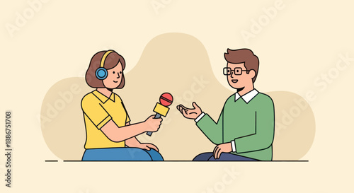 Journalist interviews a man with a microphone and headphones.