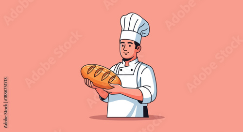 A happy baker holds a freshly baked loaf of bread.