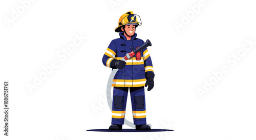 Cartoon firefighter holding a hose ready for action.
