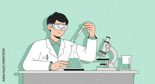 Scientist conducts experiment with pipette and flask in laboratory