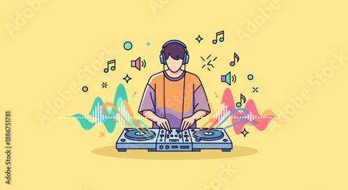 DJ playing music with sound waves and notes around