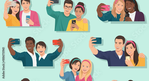 Diverse group of people taking selfies together with smartphones.