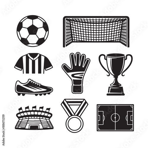 Complete Soccer Vector Illustration Set – Ball, Goal, Jersey, Boots, Trophy & Stadium