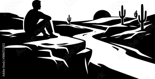 Lonely Person Sitting by River in Desert Landscape at Sunset, Minimalist Black and White Silhouette Concept Illustration