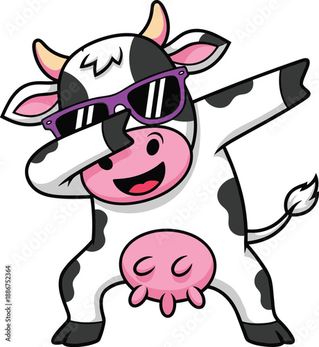 Dabbing cow cartoon, editable vector clipart, funny farm mascot, black and white spots, sunglasses, dance pose, cheerful, meme