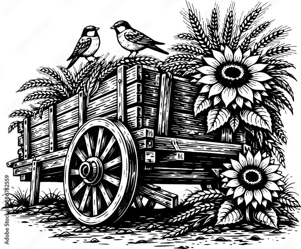 Fototapeta premium Vintage Wooden Cart With Sunflowers and Birds, Black and White Engraving Style Rural Illustration for Prints, Decor and Engraving