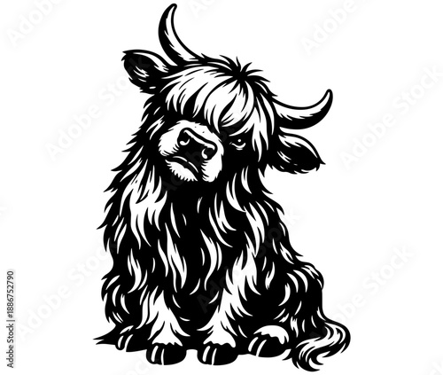 Black and white vector illustration of cute highland cow with long hair, engraving style line art, designed for cutting, prints and crafts.