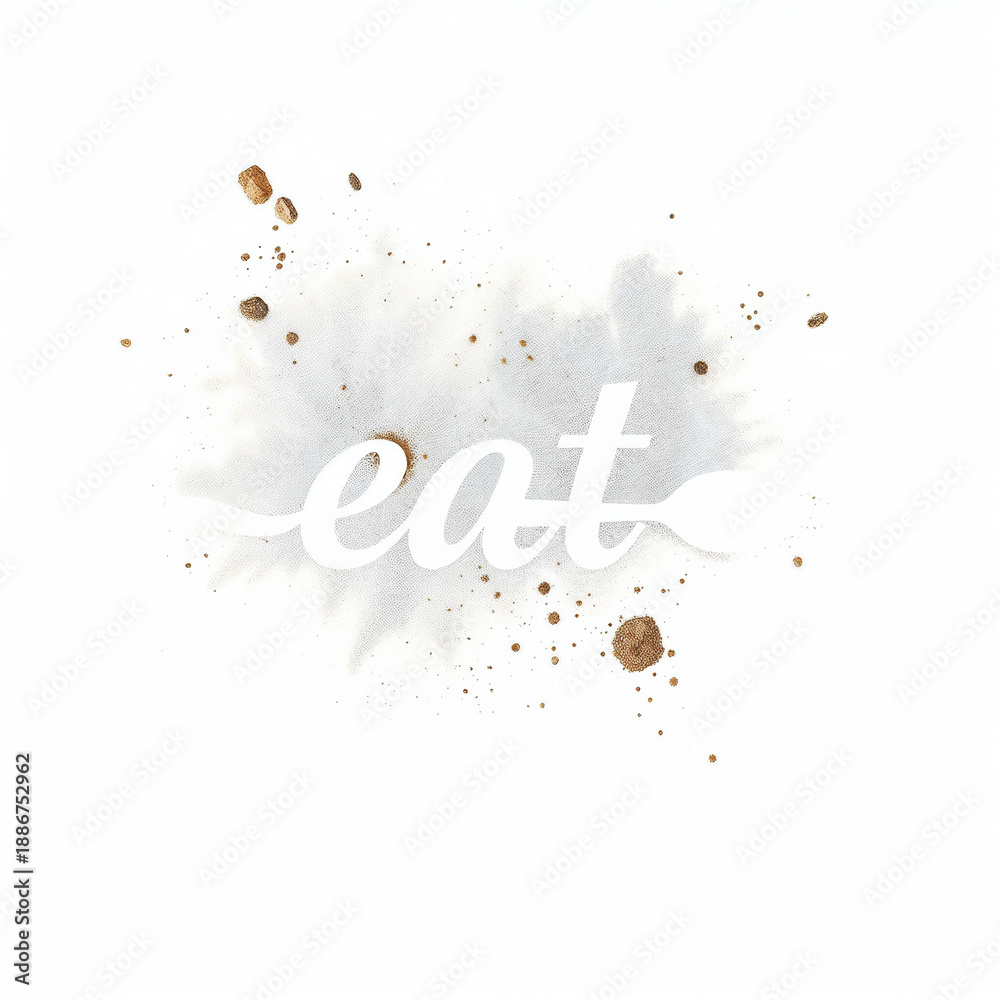 Obraz premium Elegant 'Eat' calligraphy with gold watercolor splashes on a textured white background.