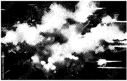  A high-contrast black and white halftone scene capturing an explosive cloud and dynamic motion. Abstract composition evokes energy, chaos