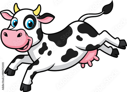 Jumping cow cartoon, editable vector clipart, white body, black spots, pink snout, blue eyes, farm animal, dairy mascot