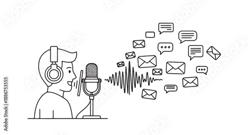 Man wearing headphones speaks into microphone with speech bubbles and emails