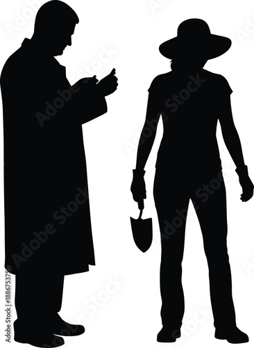 Archaeologist and field researcher silhouette with clipboard and shovel, collaborative excavation scene symbolizing discovery, teamwork, research, and outdoor investigation