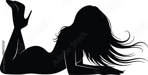Sensual silhouette of reclining woman in high heels with flowing hair, minimalist black-on-white vector ideal for fashion, glamour, and editorial use