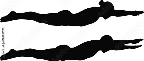 Silhouettes of two streamlined swimmers gliding horizontally in perfect form, illustrating swimming technique, posture, gender comparison, and aquatic training