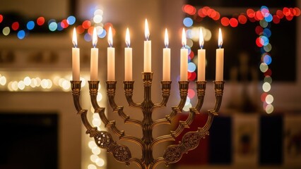 Elegant hanukkah menorah with lit candles and festive lights