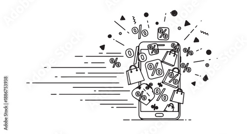 Mobile phone with shopping discounts and coupons flying out representing online shopping and sales