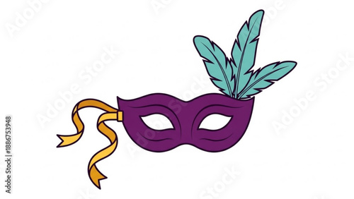 Purple Masquerade Mask with Turquoise Feathers and Yellow Ribbon Isolated on White