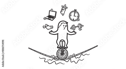 Person balancing on tightrope with unicycle juggling weights clock laptop