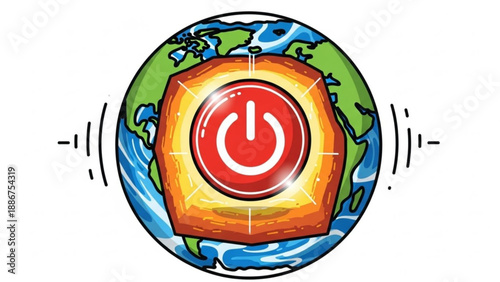 Globe with Power Button Activating Earth Energy, Isolated on White Background