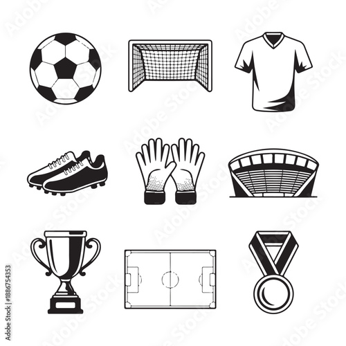 Complete Soccer Vector Illustration Set – Ball, Goal, Jersey, Boots, Trophy & Stadium