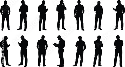 Black silhouettes of men standing in various poses, casual professional male figures using smartphones and talking on mobile devices, isolated vector illustration, white background
