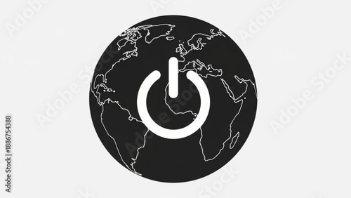 Power Button on Global Map Icon Isolated on White Background