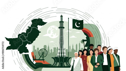 Pakistani People Standing Together near Minar-e-Pakistan Monument with National Flag, Celebrating Independence Day, Illustration