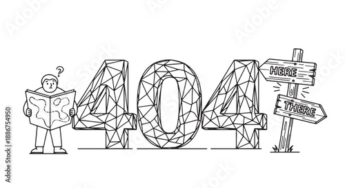 Geometric 404 error illustration with robot and directional signs on white background