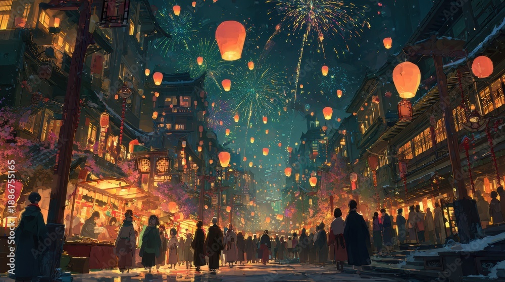 Obraz premium Chinese traditional lunar new year Spring Festival celebration in Asia. A vibrant night scene of people walking down a street illuminated by lanterns and fireworks.