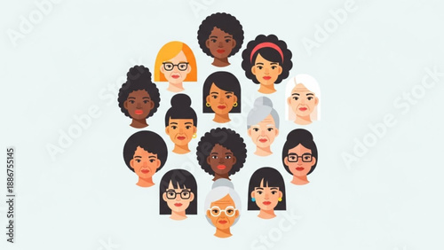 Diverse Group of Cartoon Women Faces Isolated on White Background
