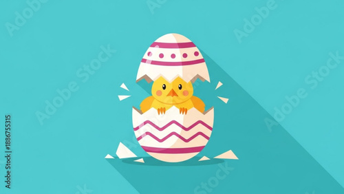 Hatching Chick Emerging from Easter Egg on Blue Background